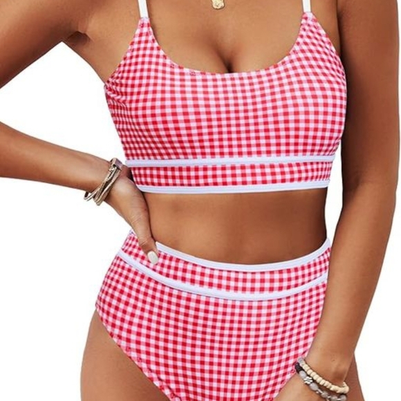 Blooming Jelly Other - Vibrant Red and White Gingham Bikini with Retro High-Waisted Bottoms